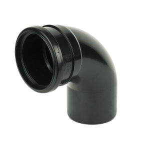 Black 110mm uPVC soil pipe single socket 90 degree bend with spigot outlet and ring-seal socket, shown on white background