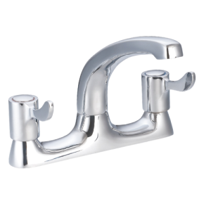 "Chrome kitchen deck mixer tap with dual lever handles and curved swivel spout