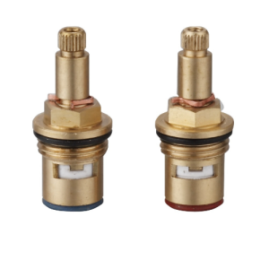 Pair of quarter turn ceramic tap valves with brass finish and threaded fittings for hot and cold taps